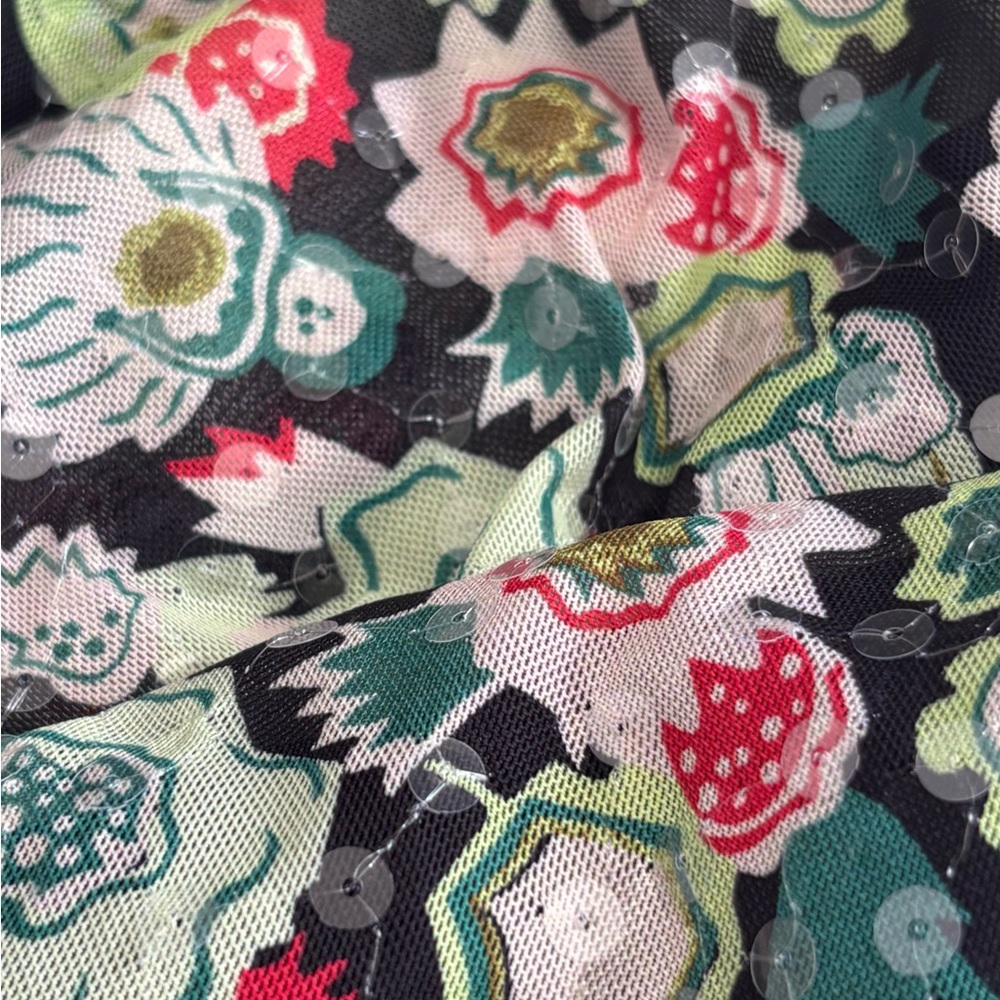 Cinq a Sept Sequin Embellished Shirred Mesh Turtleneck Top Long Sleeve floral - Picture 9 of 9